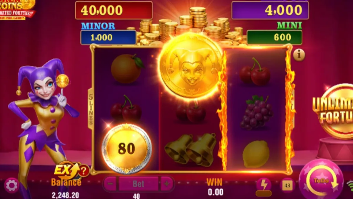 Makulay na disenyo ng Joker Coins Unlimited Fortune slot na may mga prutas at joker symbols.