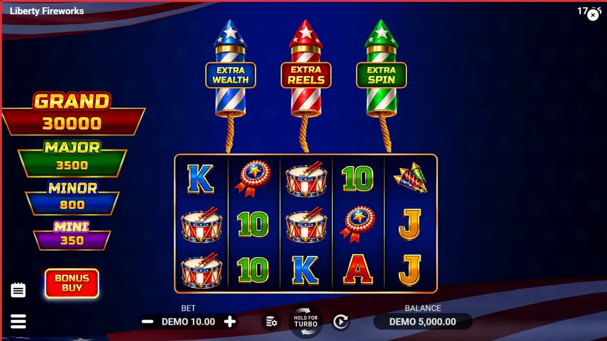 Liberty Fireworks 3 Pots slot machine interface na may makukulay na fireworks at American theme.