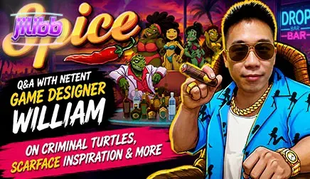 Ang makulay at kakaibang visual na istilo ng Spice slot na may temang gangster turtles.